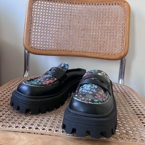 Chunky floral vegan leather platform mules